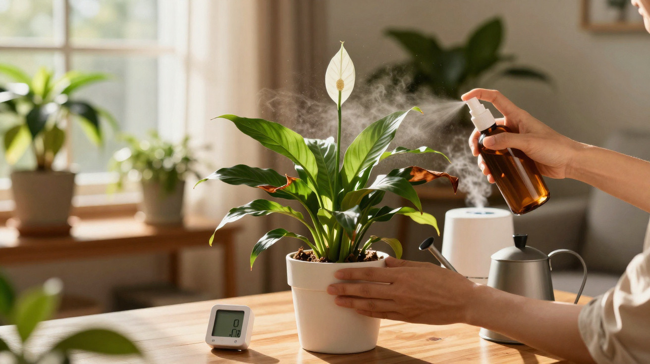 Personne vaporisant une plante d'intérieur en pot sur une table en bois avec lumière naturelle.