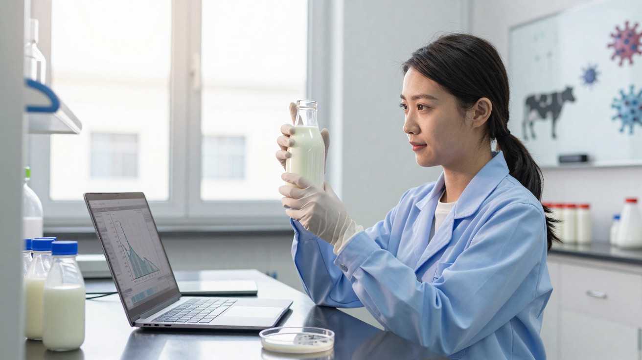 Chercheuse en blouse bleue analysant un échantillon de lait en laboratoire devant un ordinateur portable.