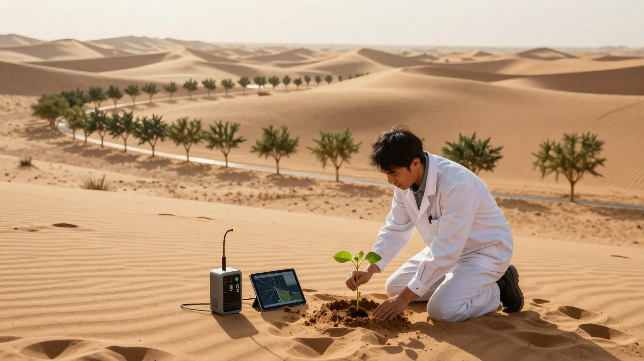 Chercheur en blouse blanche plantant un jeune arbre dans le désert avec équipement technologique à côté.