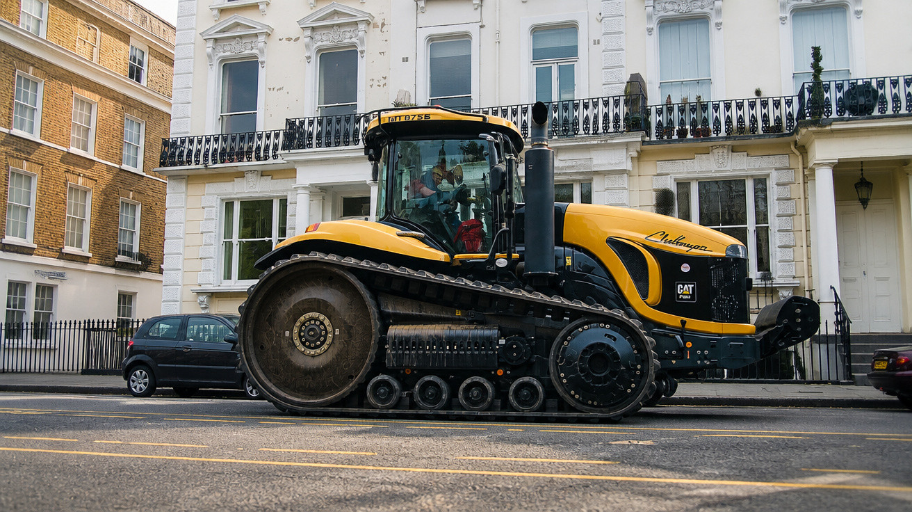 Tracteur jaune Caterpillar à chenilles garé devant un immeuble résidentiel en ville.