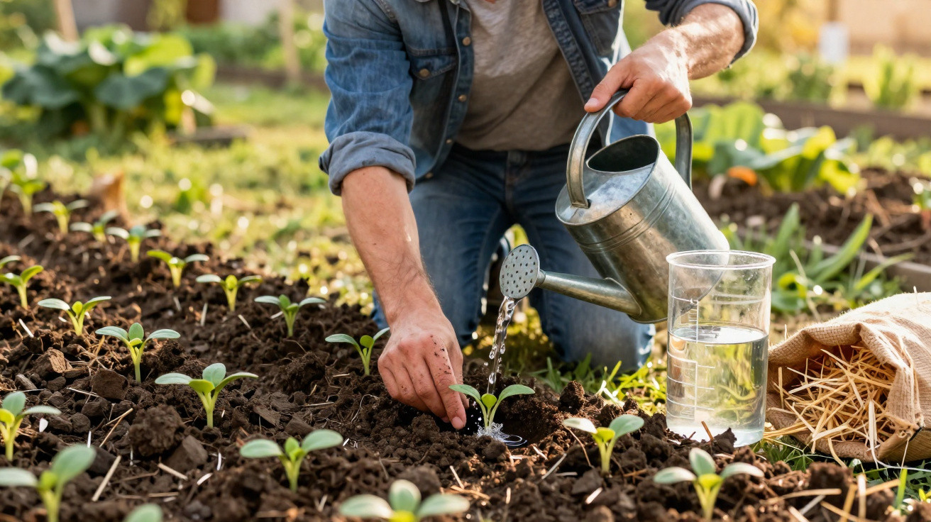 Personne arrosant des jeunes pousses dans un jardin avec un arrosoir en métal, en saison printanière.