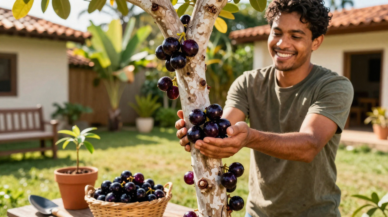 Homme souriant récoltant des fruits noirs ronds sur un arbre dans un jardin ensoleillé avec panier de fruits.