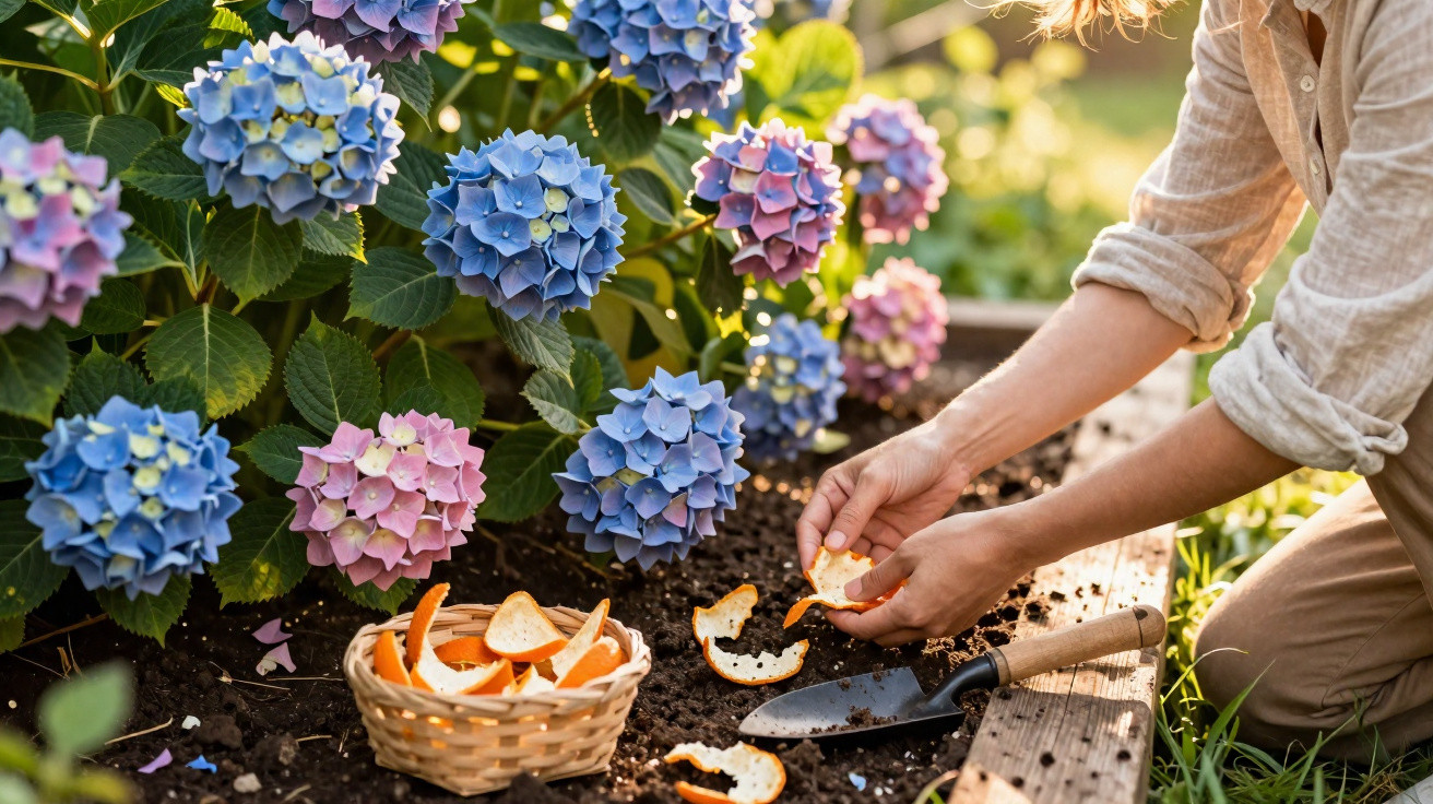 Personne jardinant près d’un parterre d’hortensias colorés en cueillant des écorces d’orange dans la terre.