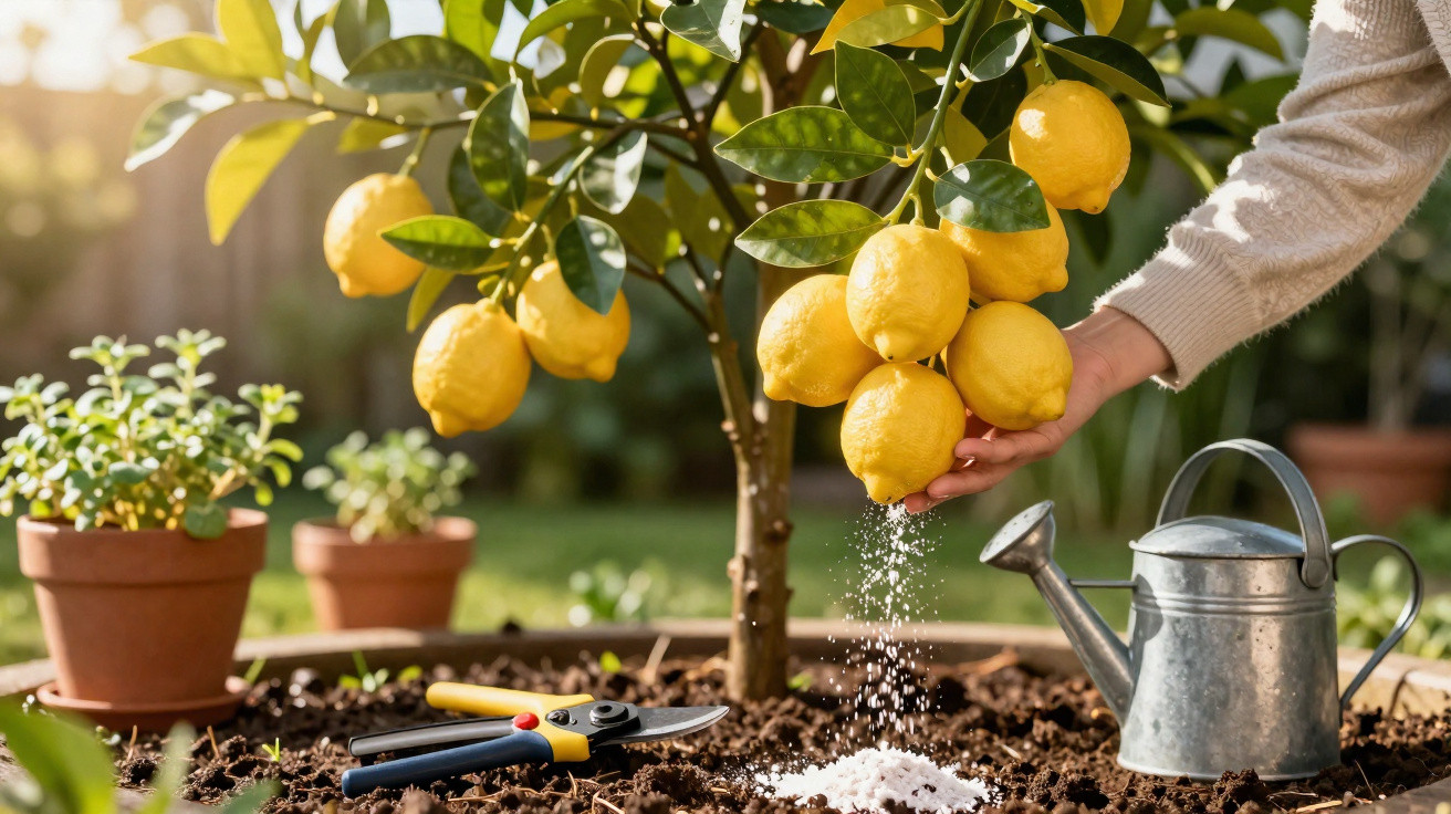 Paillis blanc versé au pied d'un citronnier en pot dans un jardin ensoleillé.