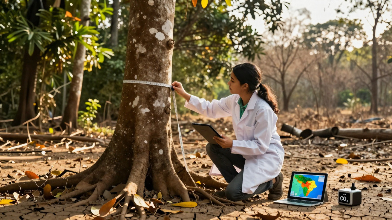 Scientifique mesurant le tronc d'un arbre dans une forêt sèche avec un ordinateur portable affichant une carte.