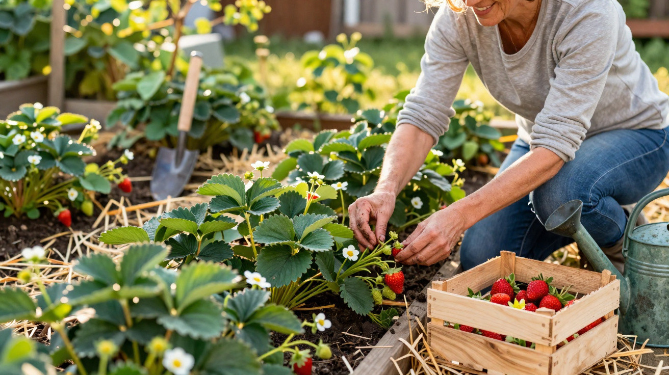 Personne récoltant des fraises dans un jardin, panier en bois rempli de fruits rouges mûrs près d'elle.