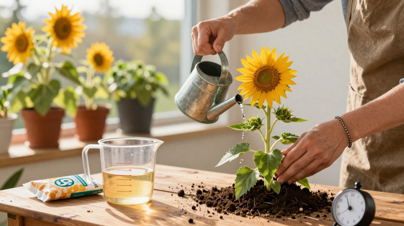 Personne arrosant un tournesol en pot sur une table en bois près d’une fenêtre avec d’autres tournesols en arrière-plan.