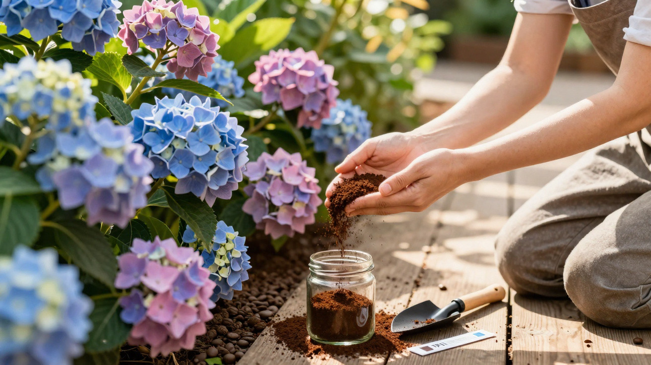 Une personne ajoute du terreau dans un pot en verre près d’hortensias bleus et roses en serre.