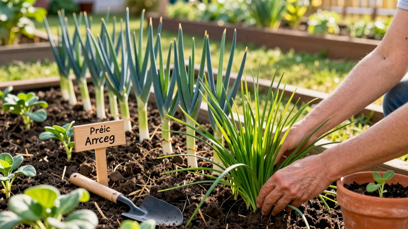 Personne plantant des ciboulettes dans un potager avec une pelle et une pancarte en bois.