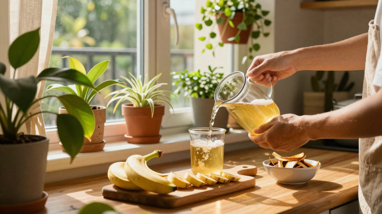 Une personne verse une boisson dans un verre sur une table en bois avec des bananes, plantes et une fenêtre en arrière-plan.