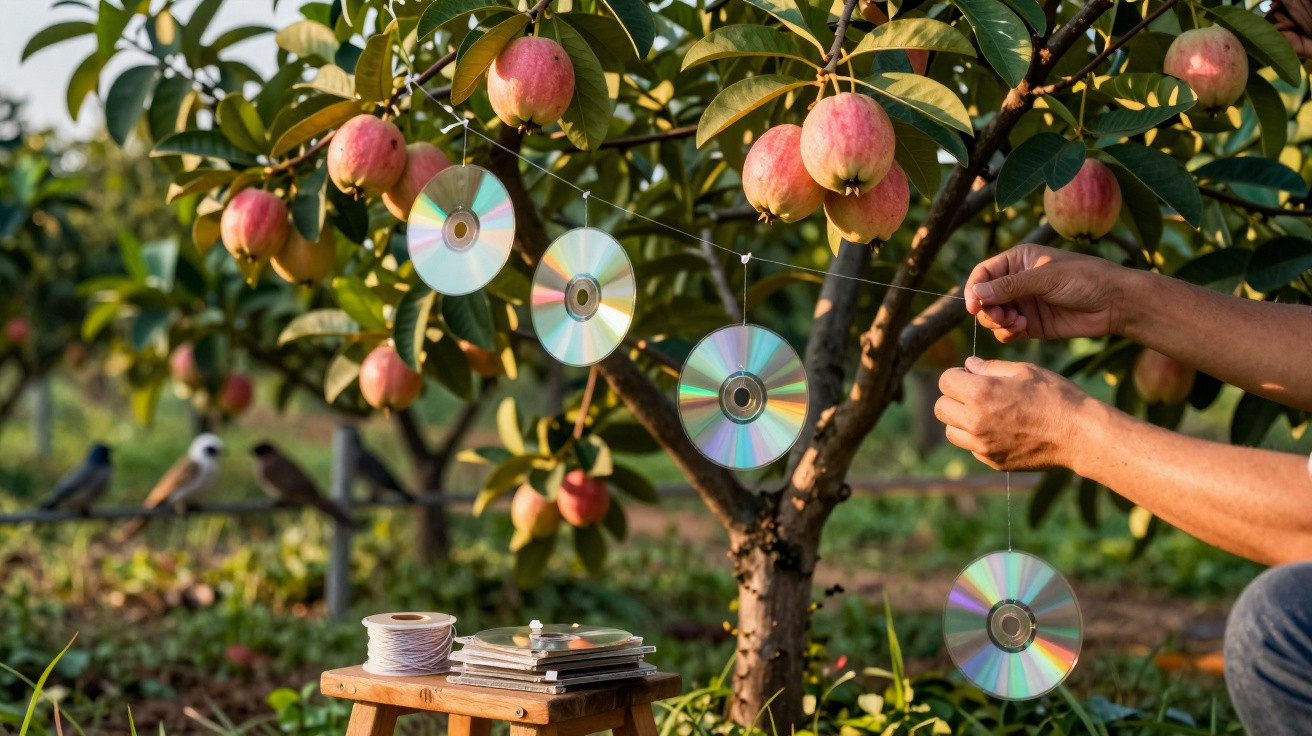 Disques CD suspendus dans un pommier près de pommes rouges, mains attachant un autre disque.