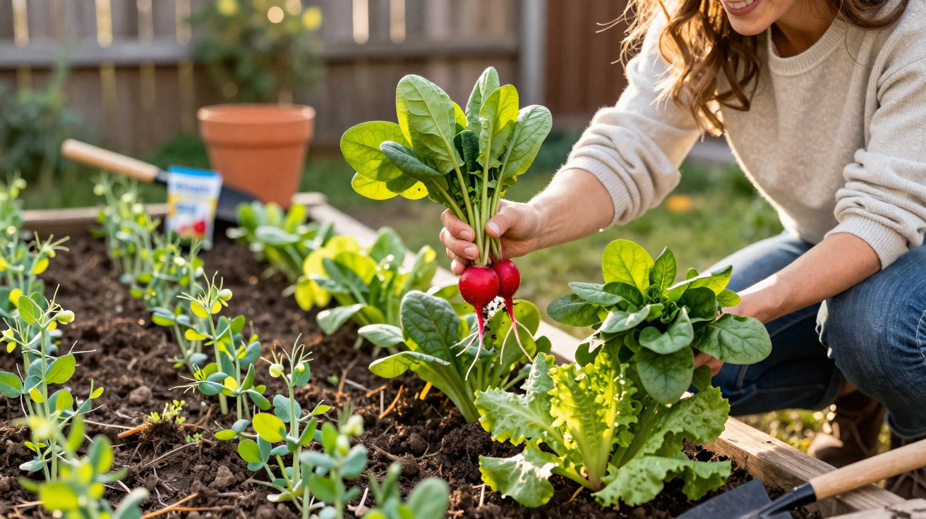 Femme récoltant des radis rouges dans un potager en carré entouré de jeunes pousses vertes.