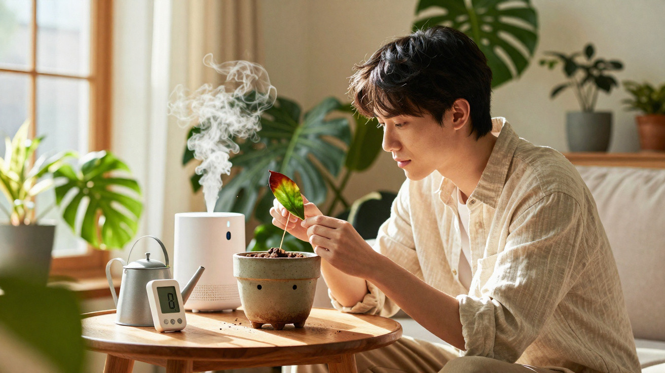 Jeune homme prenant soin d’une plante d’intérieur sur une table avec un humidificateur et un thermomètre numérique.