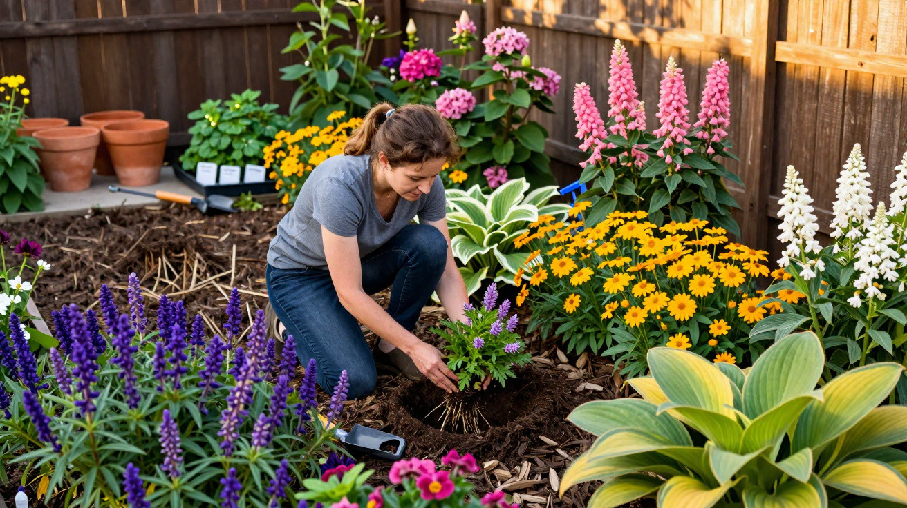 Femme plantant des fleurs violettes dans un jardin coloré avec diverses plantes et massifs fleuris.