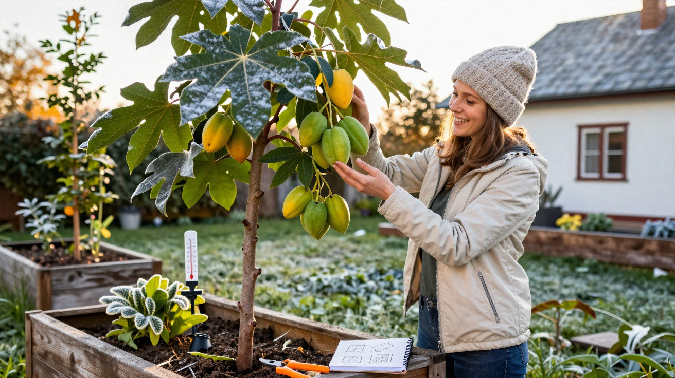 Femme souriante en manteau et bonnet cueillant des fruits jaunes sur un arbre dans un jardin ensoleillé.