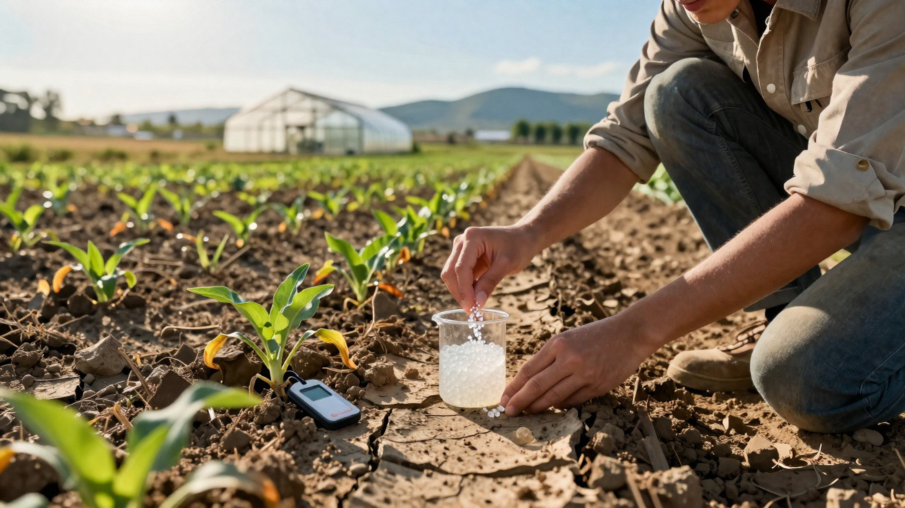 Personne fertilisant des plants dans un champ sec avec paysage de serre et montagne en arrière-plan.