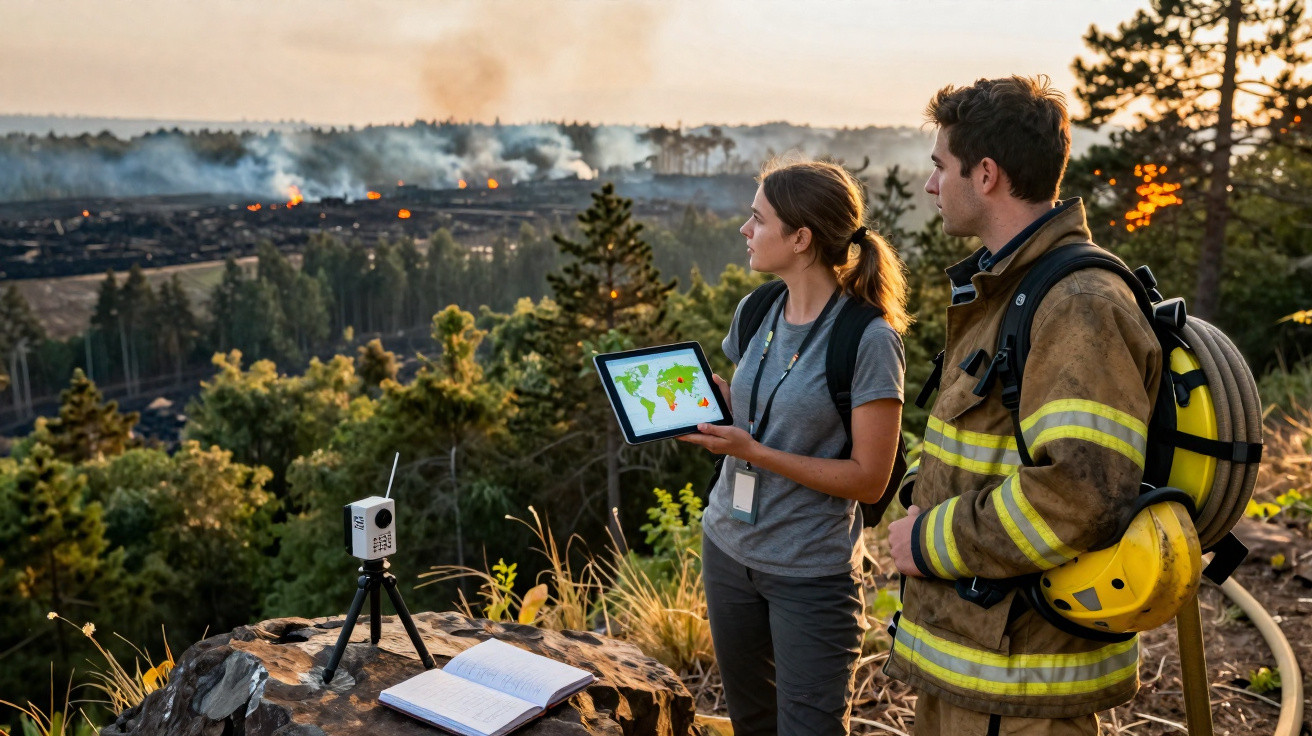 Deux personnes, une scientifique et un pompier, analysent une carte climatique sur tablette près d’un feu de forêt en arrière