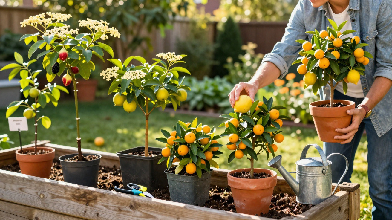 Personne prenant un agrume dans un pot, plusieurs petits arbres fruitiers en pot sur un jardin surélevé.