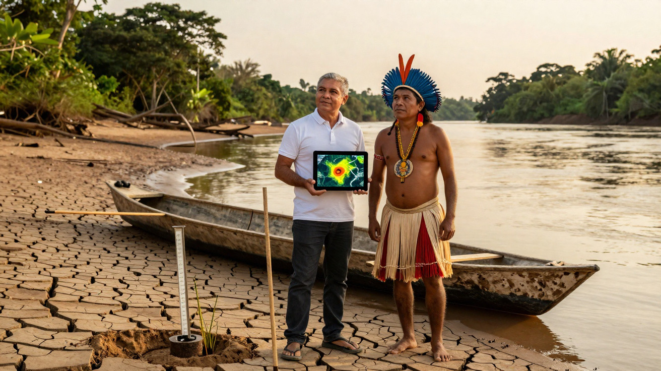 Deux hommes, dont un autochtone en tenue traditionnelle, debout près d'une rivière sur une terre craquelée.