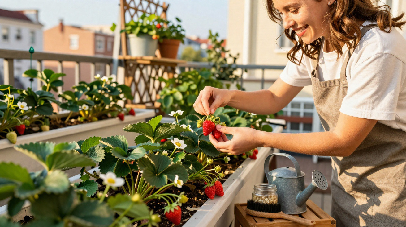 Femme souriante récoltant des fraises dans un jardin urbain sur un balcon ensoleillé.