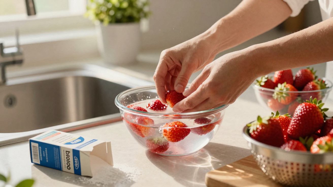 Mains lavant des fraises dans un bol d'eau sur un plan de travail lumineux avec bol d'autres fraises.