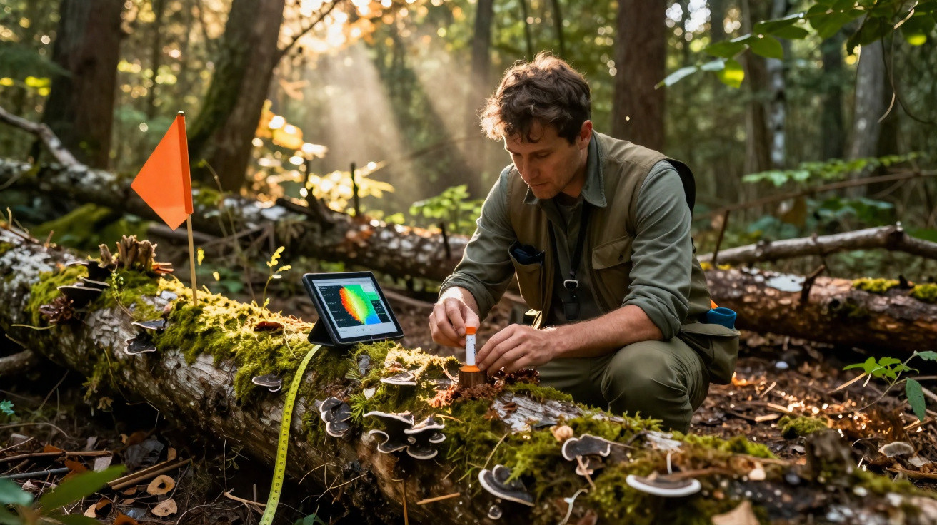 Chercheur analysant des champignons sur un tronc coupé dans une forêt en lumière naturelle.