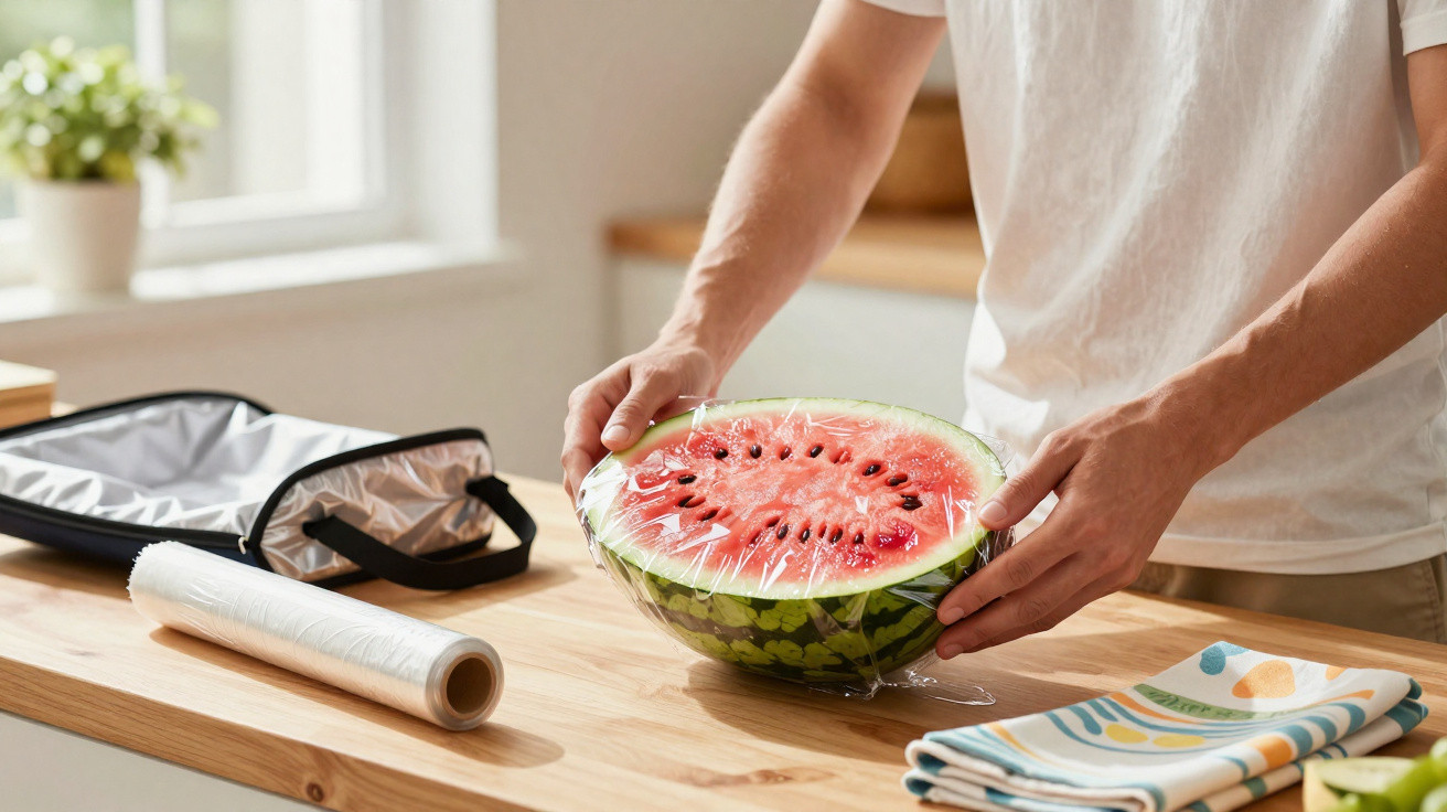 Homme emballant à la main une moitié de pastèque avec un film plastique sur une table en bois.