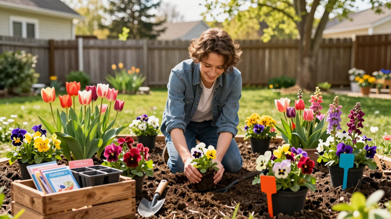 Jeune femme plantant des fleurs colorées dans un jardin ensoleillé, entourée de tulipes et de pensées.