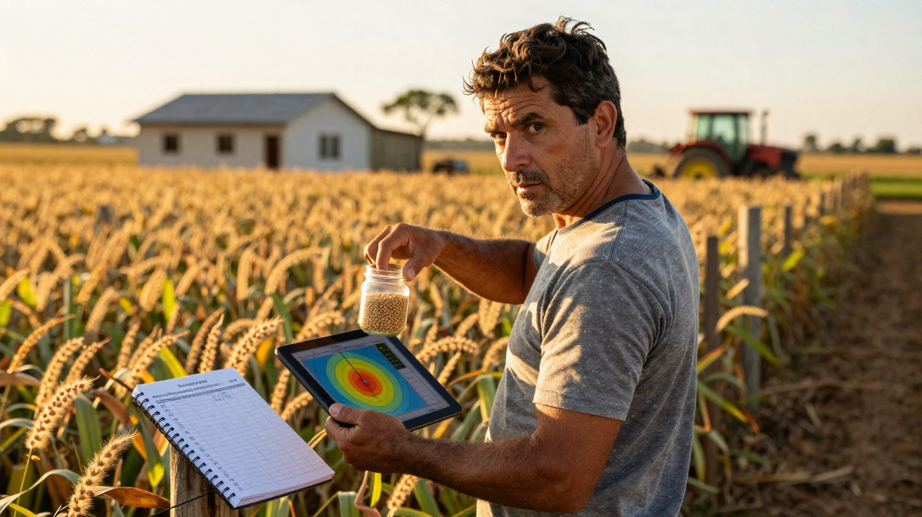 Agriculteur tenant un pot de graines devant un champ de blé avec tablette et carnet de notes au coucher du soleil.