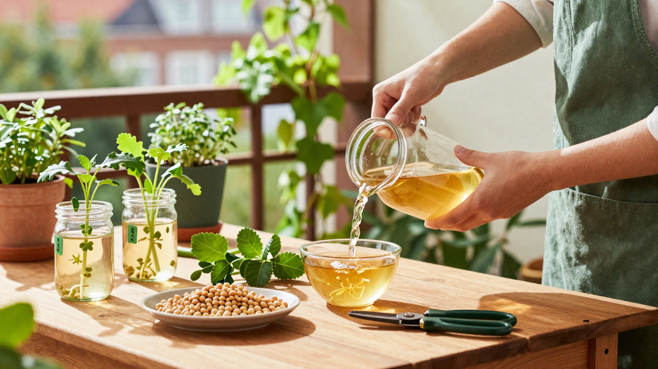Une personne verse une infusion dans une tasse, entourée de plantes en pots et de graines sur une table en bois.