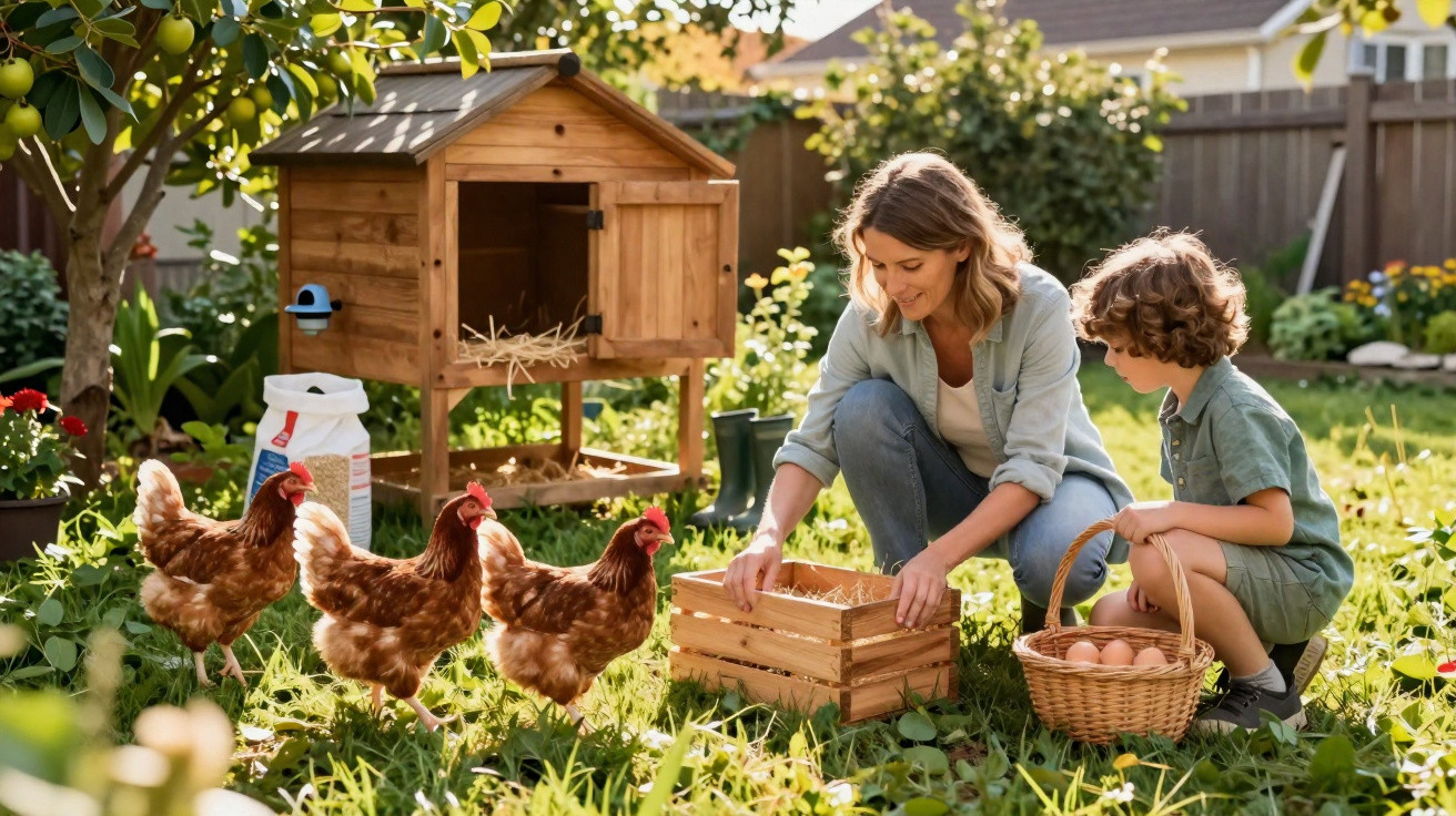 Une femme et un garçon ramassent des œufs dans un jardin avec des poules près d'un poulailler en bois.