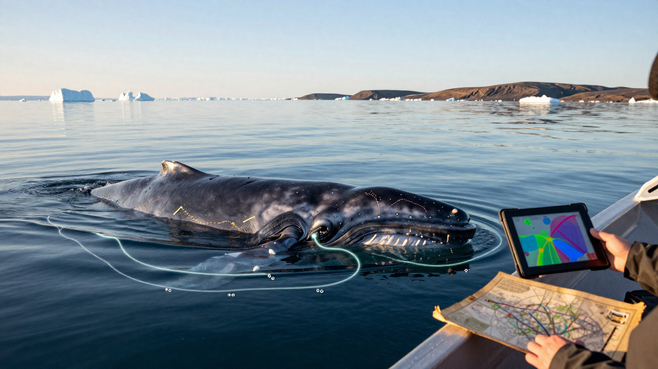 Baleine proche d’un bateau avec cartes et tablette, icebergs et île en arrière-plan, mer calme au coucher du soleil.