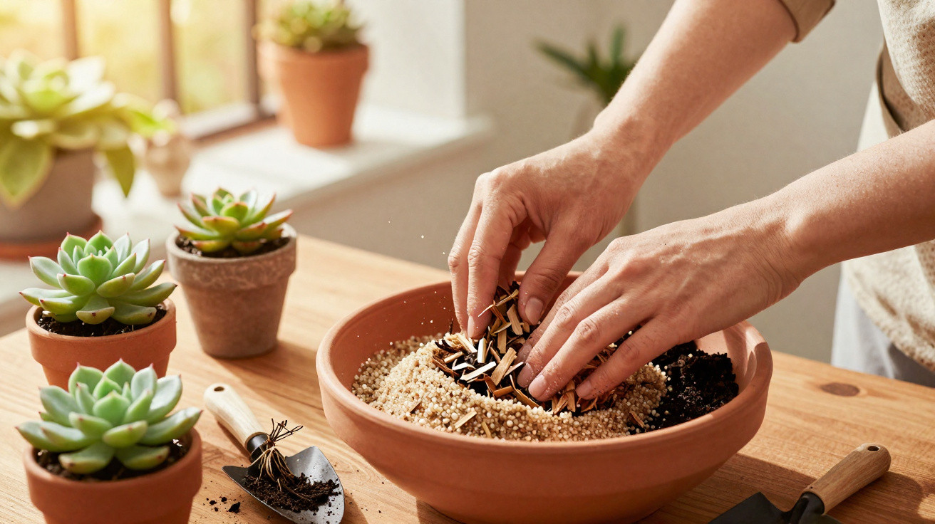 Une personne prépare un mélange de terre et d'engrais dans un pot en terre cuite pour planter des succulentes.