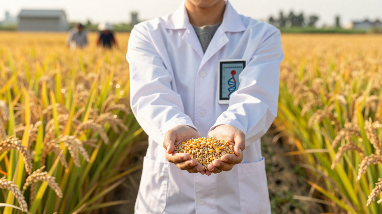 Scientifique en blouse blanche tenant des grains de maïs dans un champ de céréales au lever du soleil.