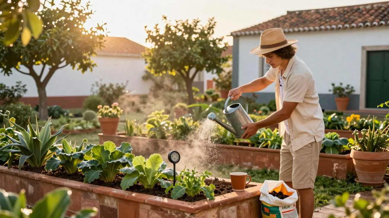 Un homme arrose des plants dans un jardin potager ensoleillé près d'une maison.