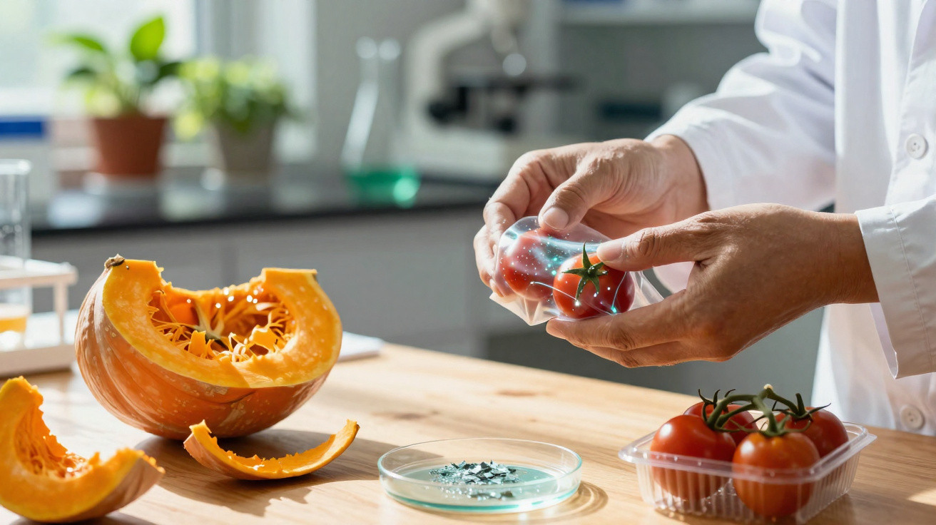 Un scientifique examine des tomates cerises dans un laboratoire avec une courge coupée et une boîte de tomates sur la table.