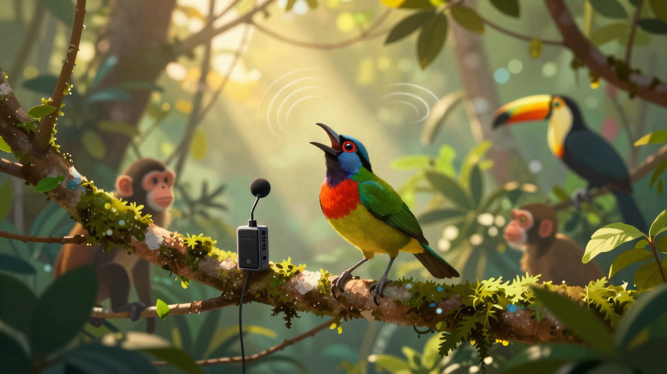 Oiseau coloré chantant sur une branche équipée d'un microphone, avec singes et toucan en arrière-plan.
