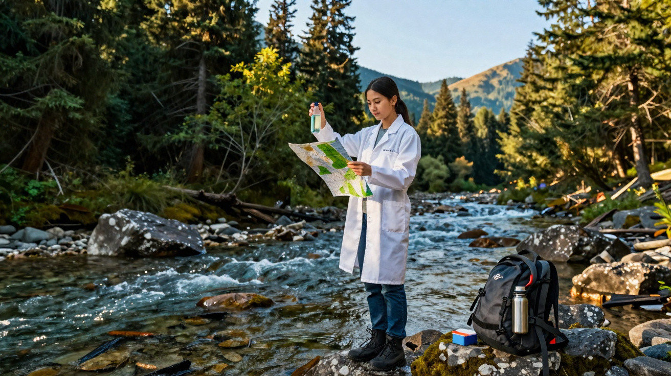 Jeune femme en blouse blanche consulte une carte près d'une rivière en forêt montagneuse, sac à dos et matériel au sol.