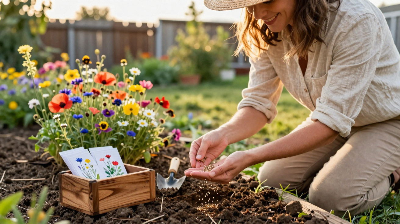 Femme en chapeau plantant des graines dans un jardin fleuri au coucher du soleil.