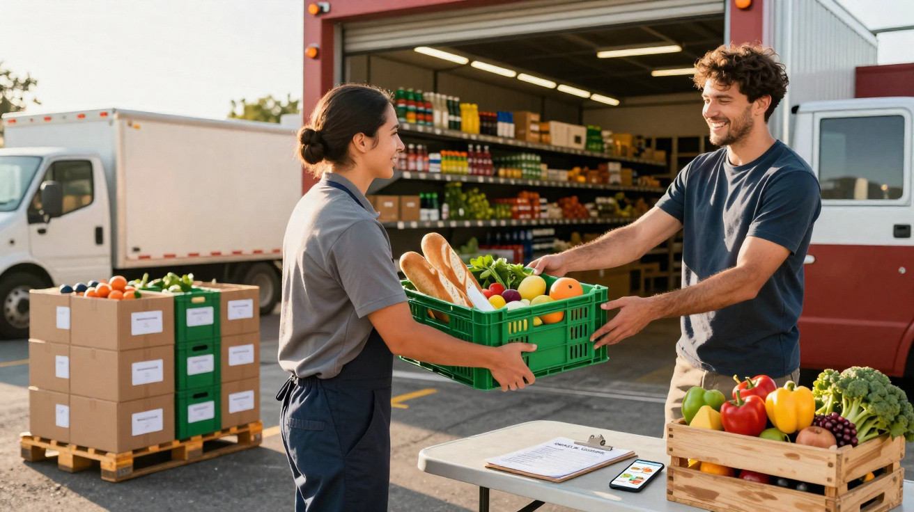 Deux personnes échangeant une caisse de fruits et légumes devant un camion de livraison ensoleillé.