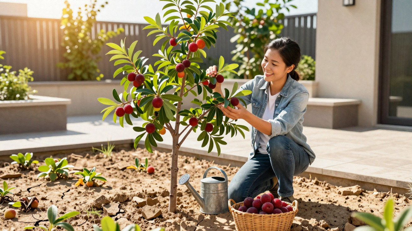 Femme souriante récoltant des fruits rouges sur un arbuste dans un jardin ensoleillé avec un arrosoir à côté.