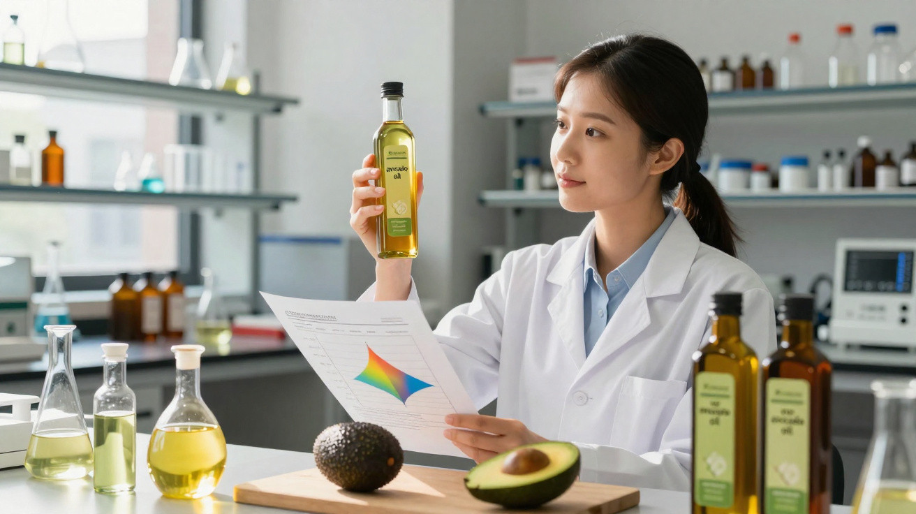 Chercheuse en blouse blanche analysant une bouteille d'huile d'avocat dans un laboratoire moderne.