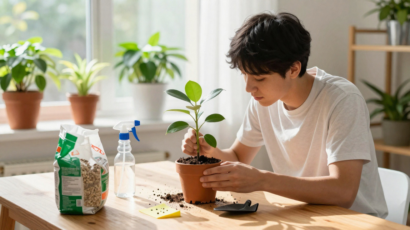Jeune homme assis à une table, prenant soin d'une plante en pot dans une pièce lumineuse avec des plantes en arrière-plan.