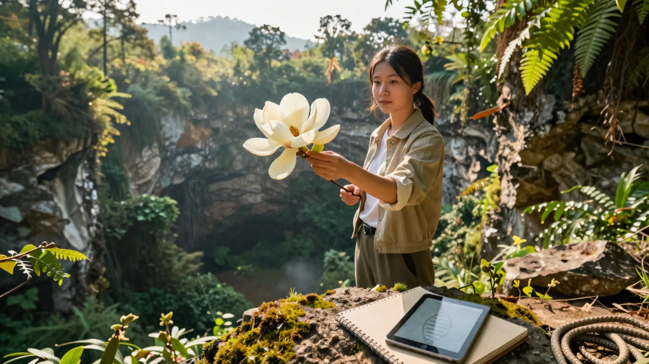 Femme tenant une grande fleur blanche dans un environnement naturel avec carnet et tablette posés sur une pierre.