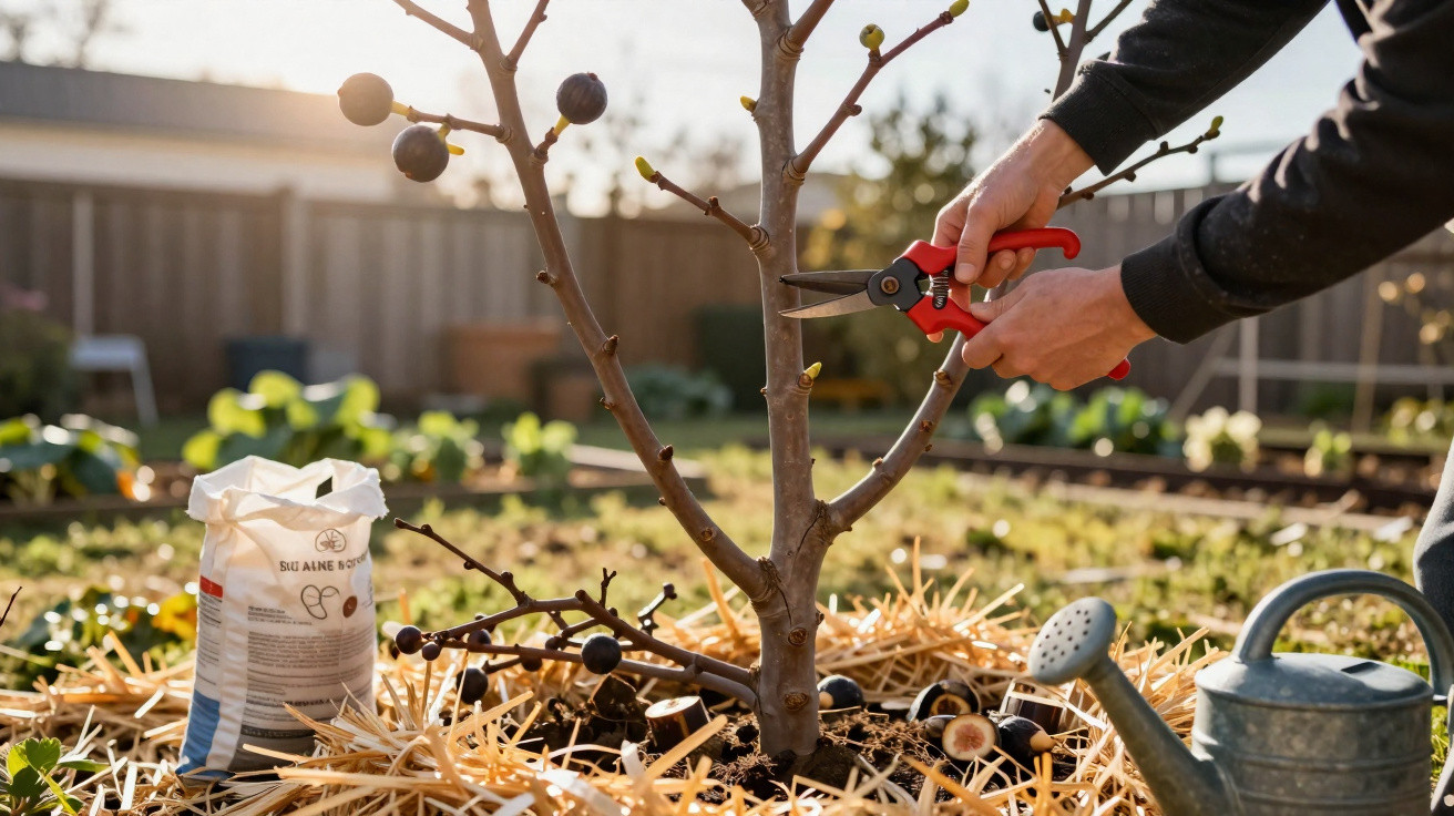 Personne taillant un jeune arbre au sécateur dans un jardin ensoleillé avec outils et paillis autour.