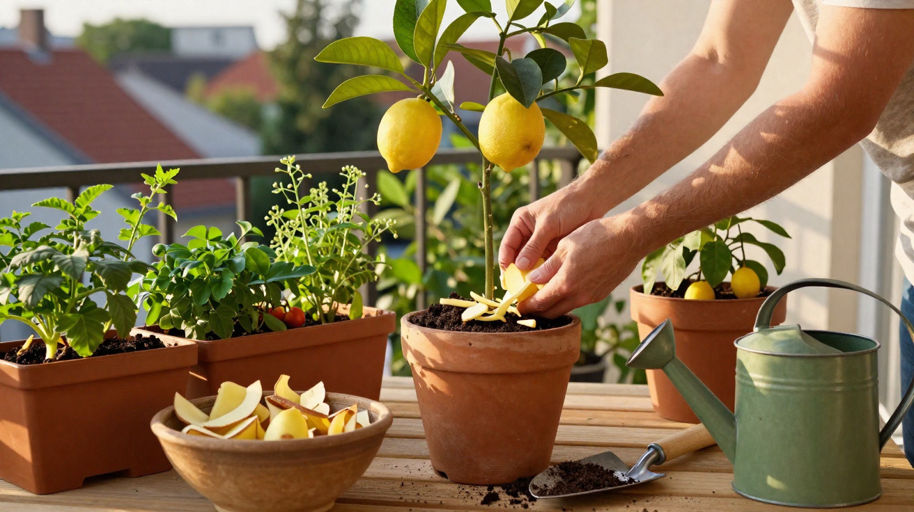 Personne jardinant des plants de citronniers et d'herbes aromatiques sur un balcon ensoleillé.