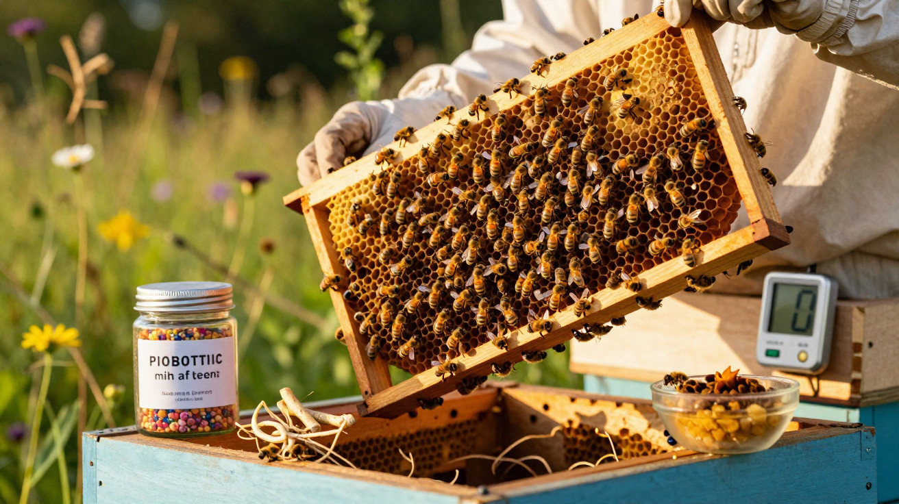 Apiculteur en combinaison tenant un cadre de ruche plein d’abeilles dans un jardin fleuri au soleil.