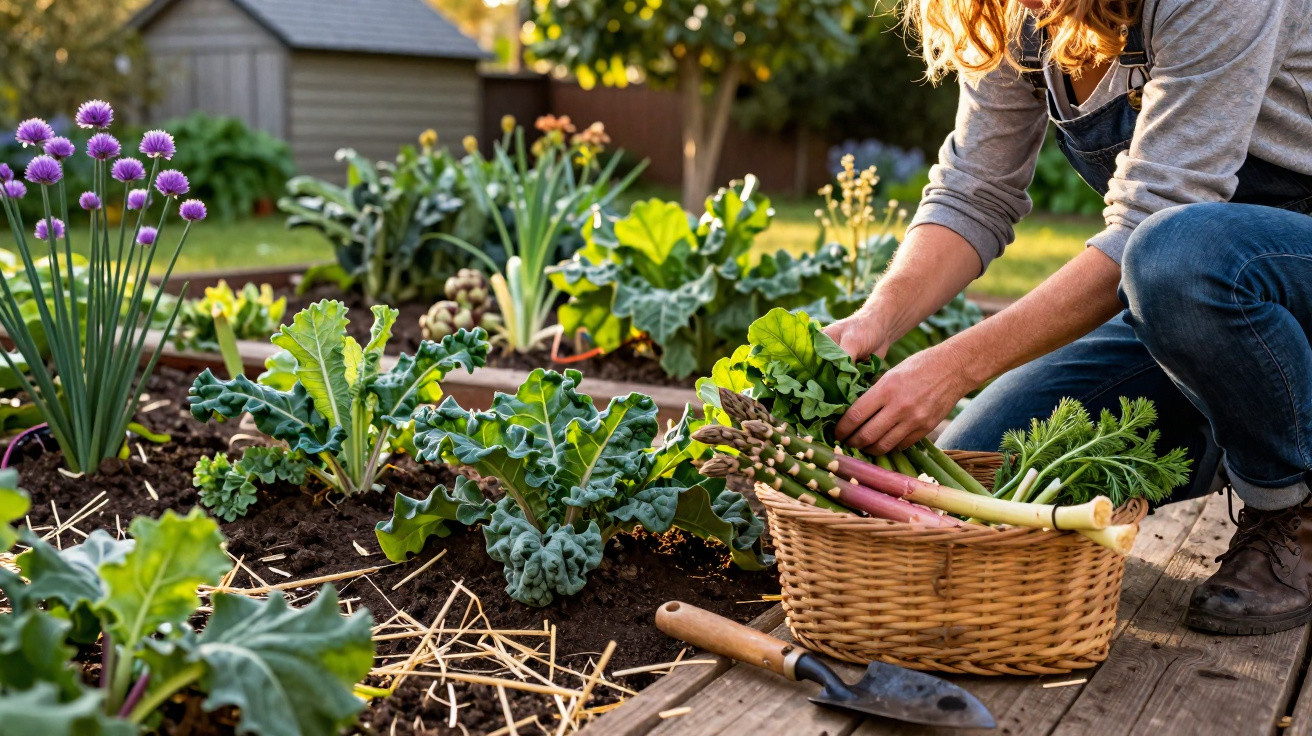 Personne récoltant des légumes frais dans un jardin potager ensoleillé avec panier en osier.