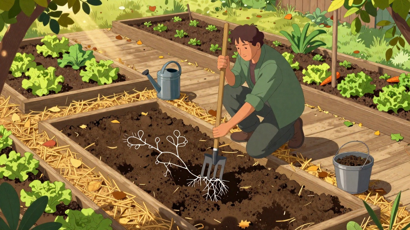 Personne en train de jardiner dans un potager surélevé avec outils et plantes verdoyantes autour.