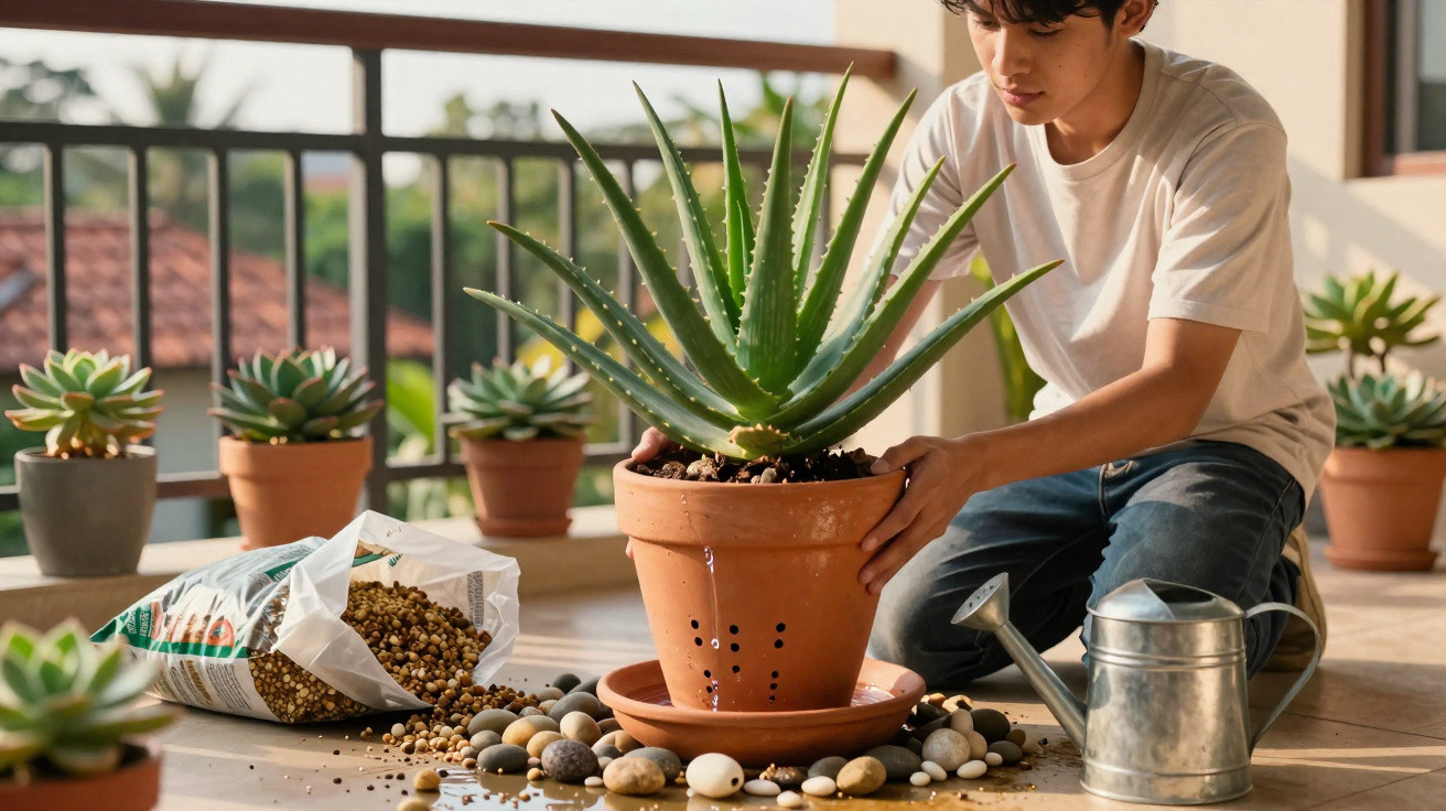 Jeune homme prenant soin d'une plante d'aloé vera dans un pot en terre cuite sur une terrasse.